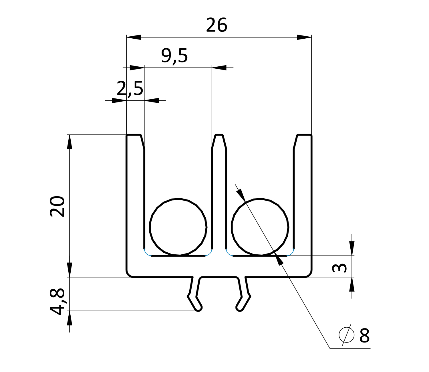 Профиль для раздвижной двери нижний паз 8 (м) Профиль для раздвижной двери нижний паз 8 (м)